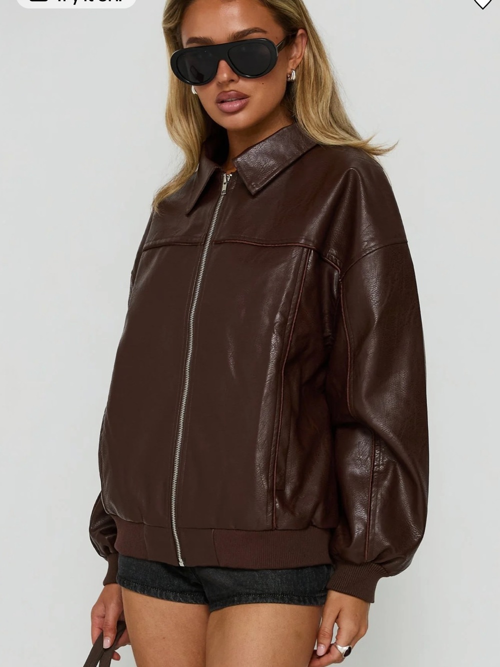 Princess Polly Goldsmith Dark Brown Faux Leather Zip Bomber Jacket